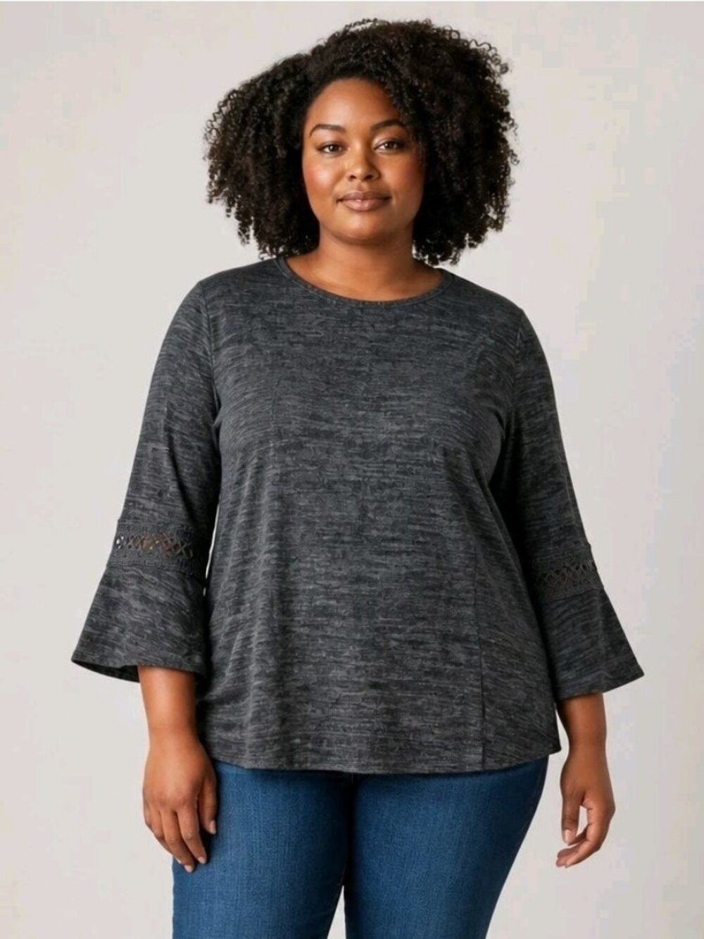 Lildy Button Back Keyhole Tunic L/XL Gray Bell Sleeve Crochet Knit Top